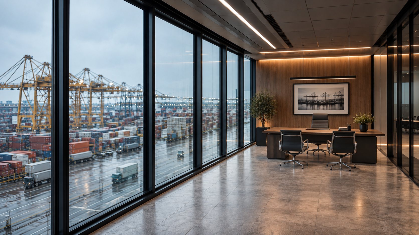Escritório com vista para um terminal portuário com contêineres e guindastes